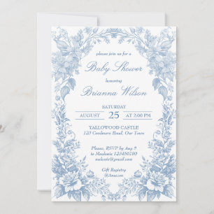 Invitation Élégant baby shower bleu chinoiserie toile françai