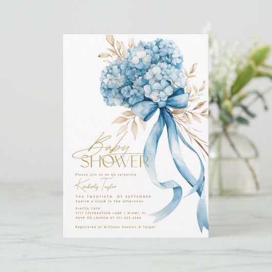Invitation Elégant Baby shower bleu Hydrangea Bow (Debout devant)