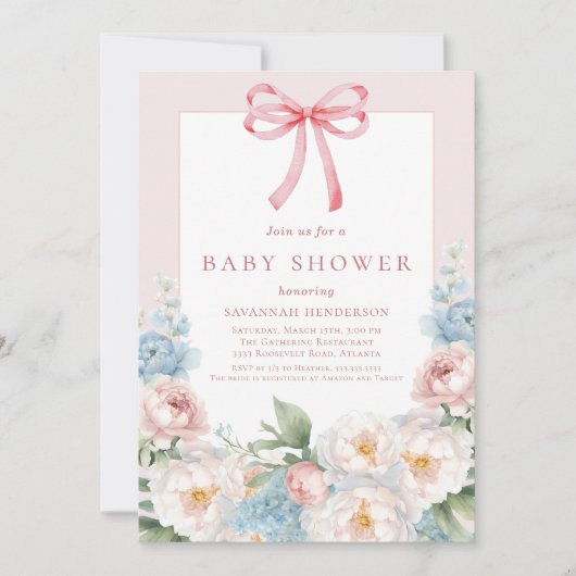 Invitation Élégant Baby shower bleu rose floral Bow (Devant)