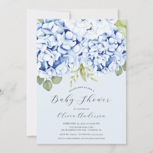 Invitation Elégant Baby shower Blue Hydrangea (Devant)