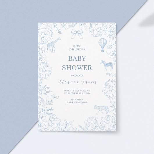 Invitation Elégant Baby shower Blue Safari