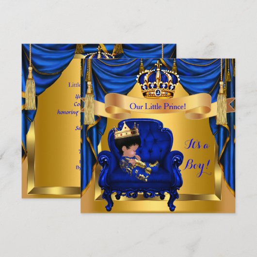 Invitation Elégant Baby shower Boy Prince Royal Blue Gold (Devant / Derrière)