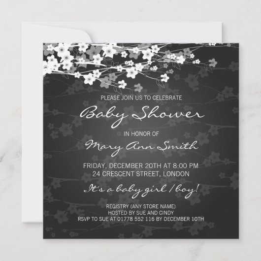 Invitation Élégant Baby shower cerise en fleurs Noir (Devant)