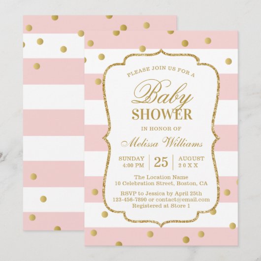 Invitation Elégant Baby shower Confetti Gold Pink Stripes (Devant / Derrière)