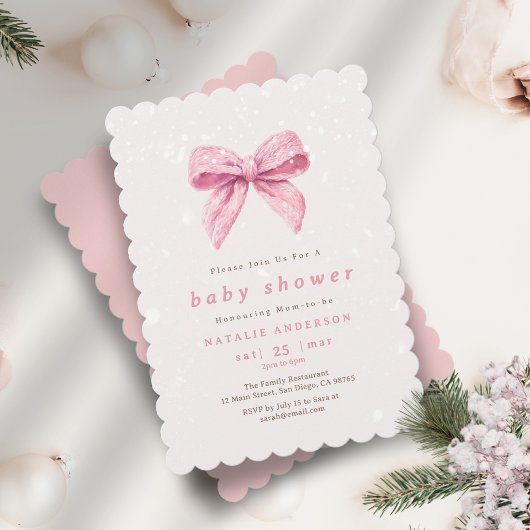 Invitation Élégant Baby shower Coquette Neige d'hiver rose
