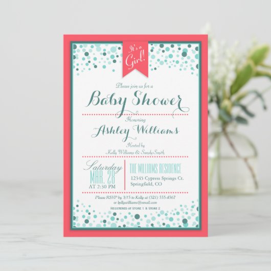 Invitation Elégant Baby shower Coral et Aqua Confetti (Debout devant)