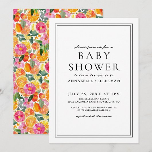 Invitation Élégant Baby shower d'agrumes floraux (Devant / Derrière)