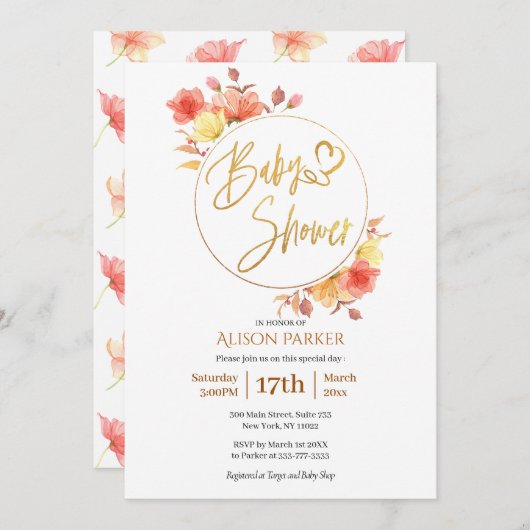 Invitation Élégant Baby shower d'aquarelle Floral Gold Script (Devant / Derrière)