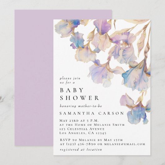 Invitation Elégant Baby shower d'aquarelle florale Iris (Devant / Derrière)