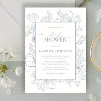 Invitation Elégant Baby shower d'art Dusty Blue Floral Line
