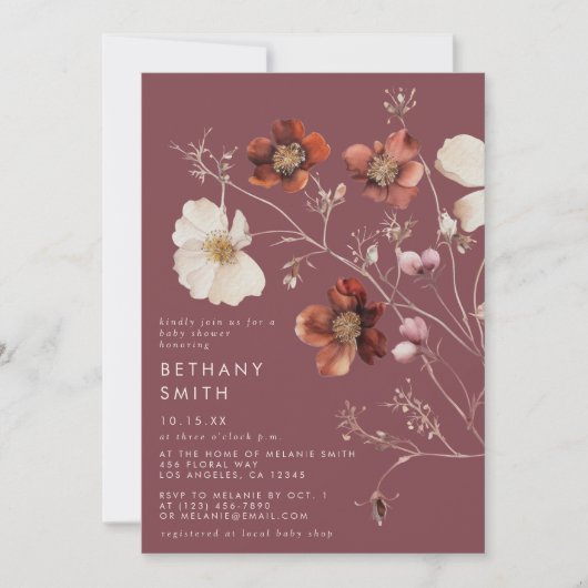 Invitation Élégant Baby shower d'automne floral mauve (Devant)