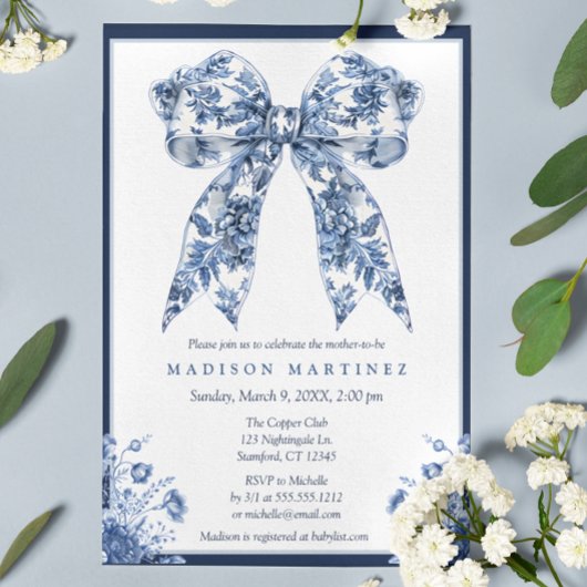 Invitation Elégant Baby shower de Bow Boy Floral Bleu