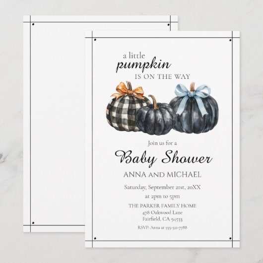 Invitation Elégant Baby shower de Citrouille d'aquarelle noir (Devant / Derrière)
