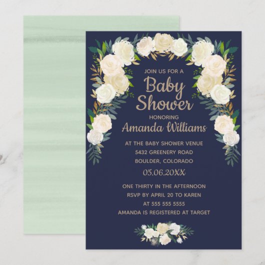 Invitation Elégant Baby shower de couronne bleu floral de la (Devant / Derrière)