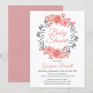 Invitation Élégant Baby shower de couronne florale rose-gris