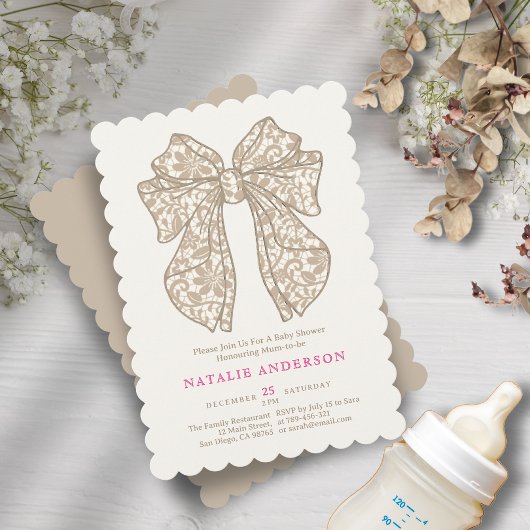 Invitation Elégant Baby shower de dentelle fleurie beige neut