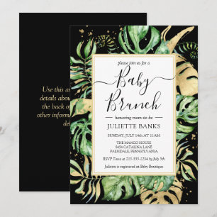 Invitation Elégant Baby shower de feuillage Tropical Noir Bru
