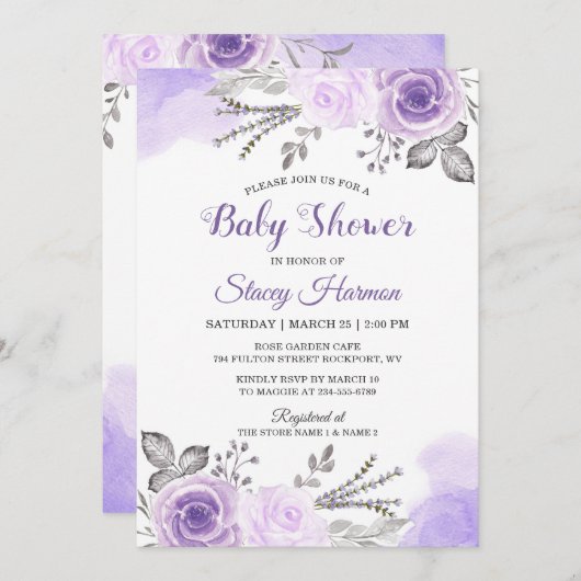 Invitation Élégant Baby shower de fleurs pastel violet (Devant / Derrière)