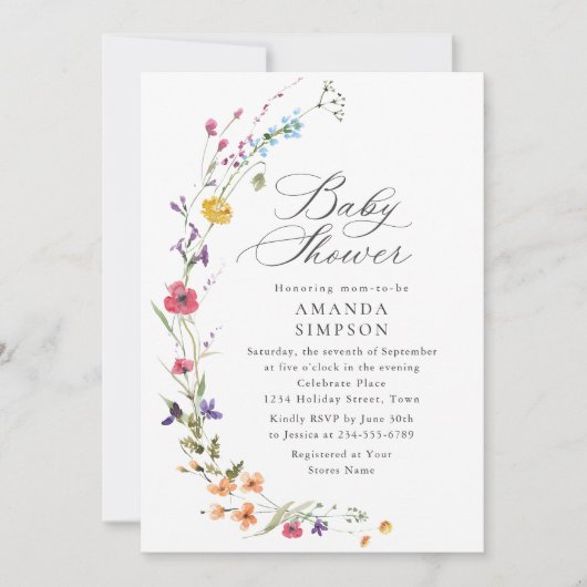 Invitation Elégant Baby shower de Fleurs Sauvages Aquarelles (Devant)