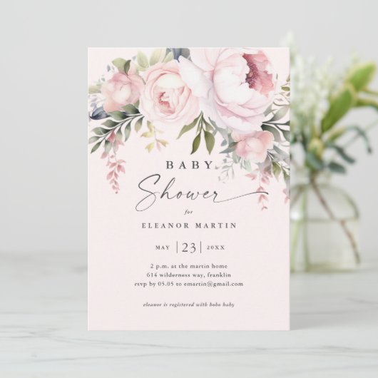 Invitation Elégant Baby shower de jardin de fleurs roses vert (Debout devant)
