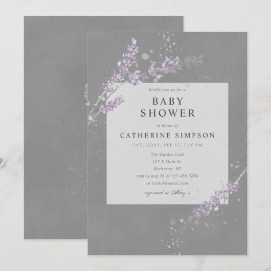 Invitation Elégant baby shower de lavande gris aquarelle (Devant / Derrière)