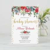 Invitation Élégant baby shower de Noël fleuri en or rouge (Debout devant)