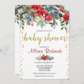 Invitation Élégant baby shower de Noël fleuri en or rouge (Devant / Derrière)