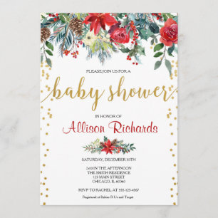 Invitation Élégant baby shower de Noël fleuri en or rouge