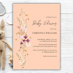 Invitation Élégant Baby shower de pêche Fleur sauvage Boho