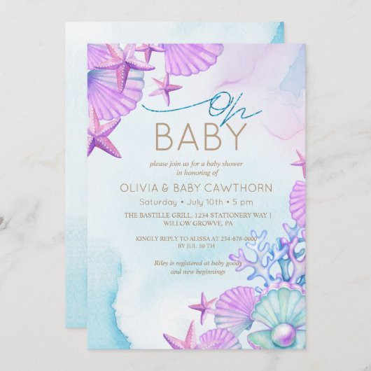 Invitation Elégant Baby shower de plage Ocean shells (Devant / Derrière)