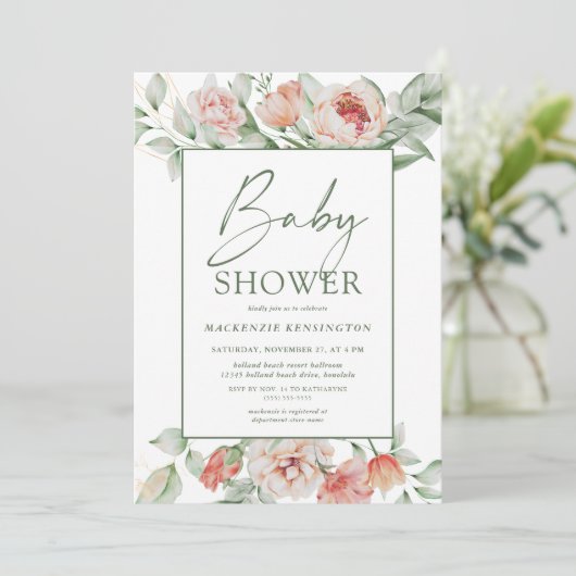 Invitation Élégant Baby shower de script de verdure florale P (Debout devant)