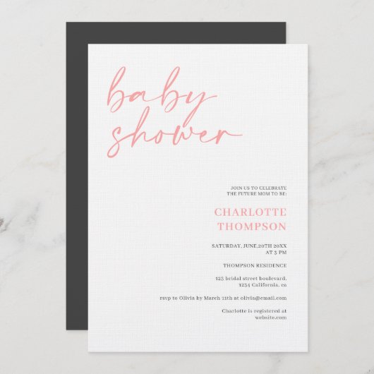 Invitation Élégant baby shower de script décontracté rose-gri (Devant / Derrière)