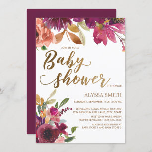 Invitation Élégant Baby shower de script floral or Bourgogne