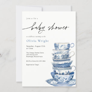 Invitation Elégant Baby shower de thé bleu et blanc
