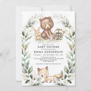 Invitation Élégant Baby shower des animaux de bois Verdure Or