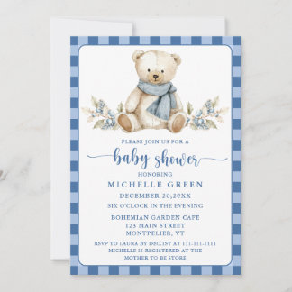 Invitation Élégant Baby shower d'hiver En vichy Teddy Bear