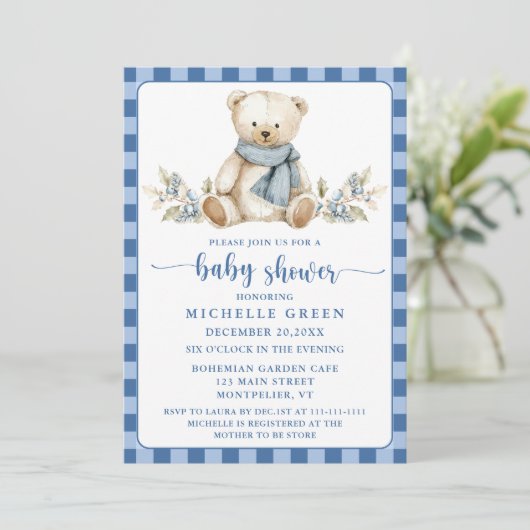 Invitation Élégant Baby shower d'hiver En vichy Teddy Bear (Debout devant)