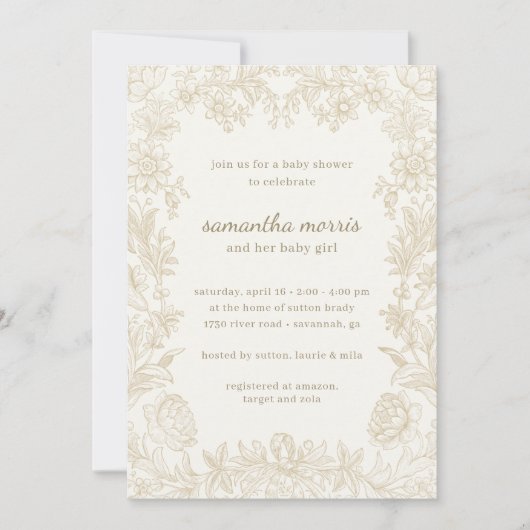 Invitation Élégant Baby shower d'ivoire floral tiré (Devant)