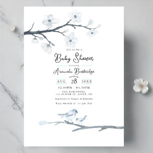 Invitation Elégant Baby shower d'oiseaux bleus et de fleurs d
