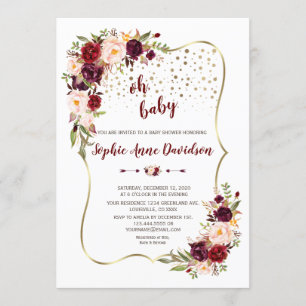 Invitation Élégant Baby shower d'or floral Burgundy Blush