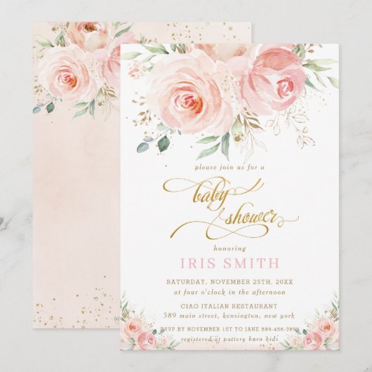 Invitation Élégant Baby shower d'or rose floral chic (Devant / Derrière)