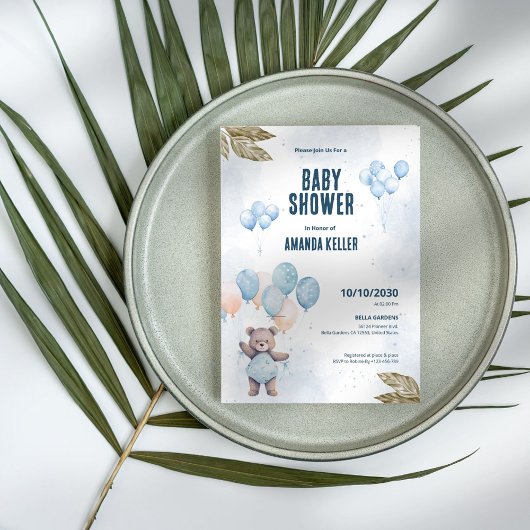 Invitation Elégant Baby shower d'ours bleu Teddy