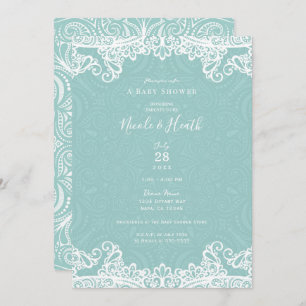 Invitation Elégant Baby shower en dentelle blanche Turquoise
