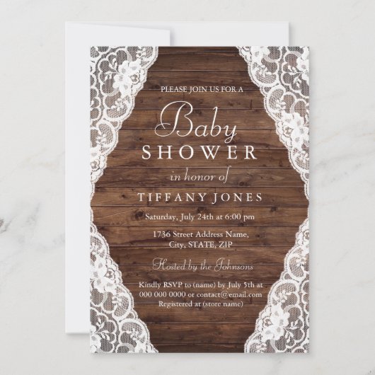 Invitation Élégant Baby shower en dentelle de bois rustique V (Devant)
