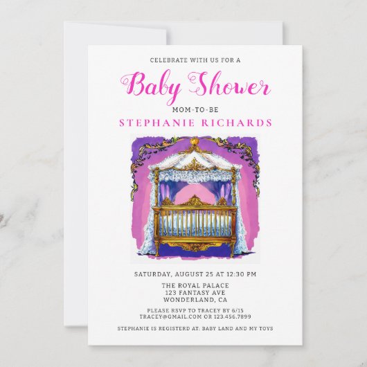 Invitation Elégant Baby shower En Lace Or Et Blanc Rose (Devant)
