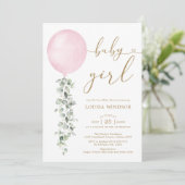 Invitation Élégant Baby shower Eucalyptus Balloon Rose (Debout devant)