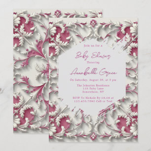 Invitation Elégant Baby shower fille Rococo blanc & rose