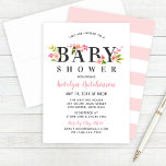 Invitation Elégant Baby shower Fille Rose Floral<br><div class="desc">L'invitation au baby shower horizontal moderne et élégant comprend les mots de titre "Baby shower" en noir doux accentué par de jolies aquarelles rose pastel, rose rousse, dahlia printanière pêche et fleurs roses avec feuillage vert printemps. Le libellé peut être entièrement personnalisé pour votre événement spécial. Un motif aux rayures...</div>