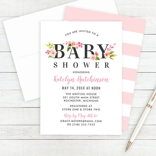 Invitation Elégant Baby shower Fille Rose Floral