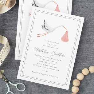 Invitation Elégant Baby shower Filles de cigognes à la main